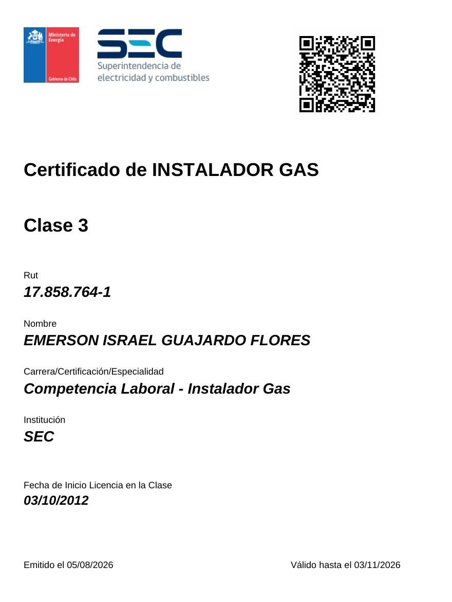 Certificado SEC de instalador de gas clase 3 a nombre de Emerson Israel Guajardo Flores
