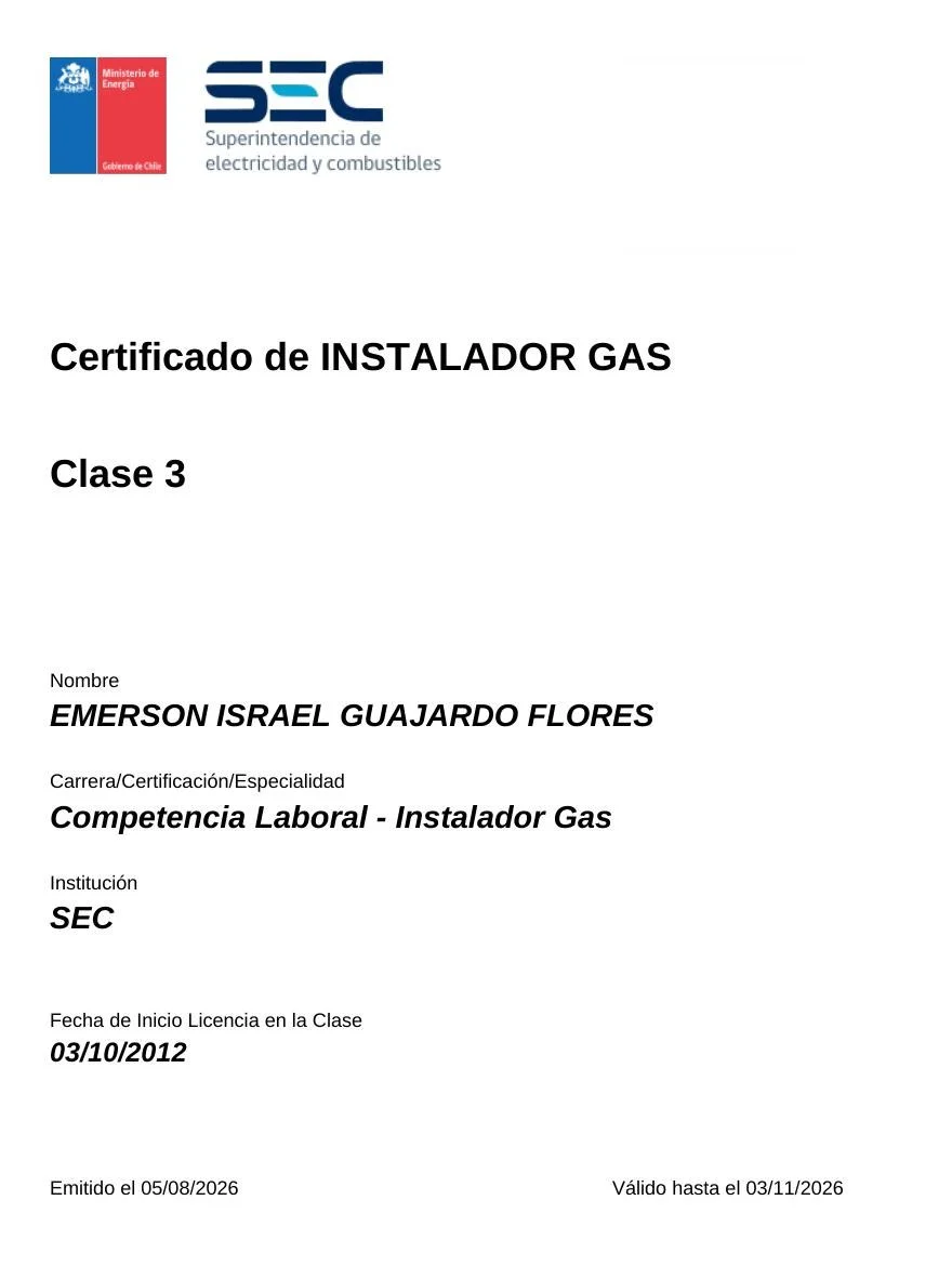 Certificado SEC de instalador de gas clase 3 a nombre de Emerson Israel Guajardo Flores